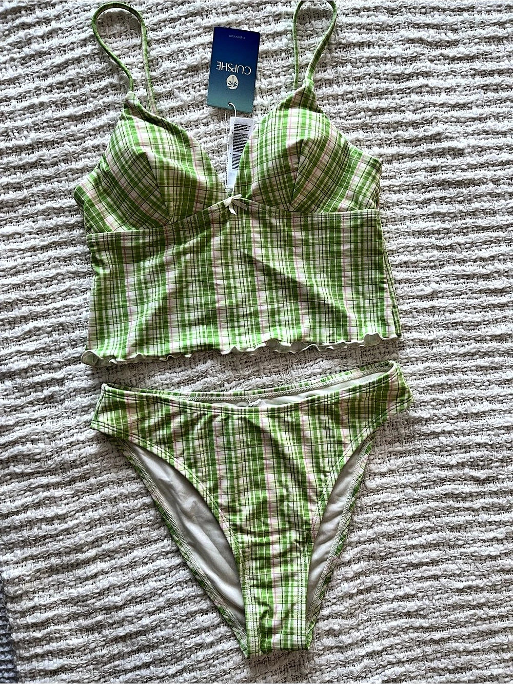 CUPSHE Plaid Bikini Set in Green & Pink NWT